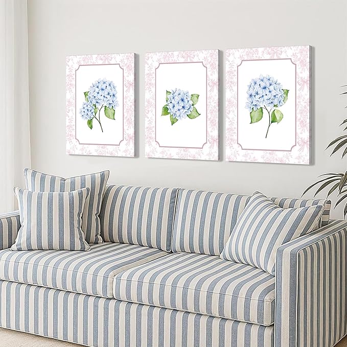 Blue Hydrangea Wall Art Set of 3, Preppy Blue Hydrangea Canvas Prints Poster Picture, Floral Aesthetic Wall Decor for Teen Girls Bedroom Dorm Apartment 12x16 Inch Framed