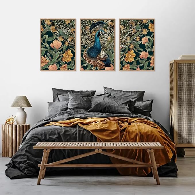 HLNIUC Elegant Peacock Wall Art Canvas,Boho Flower Wall Art,Blue Peacocks Artwork,Animal Feather Artwork,Vintage Animal Framed Decor,William Morris Prints for Living Room Bedroom Office-16x24x3