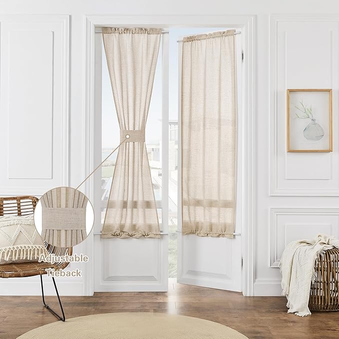 2 Pieces French Door Curtains Linen W35 x L72 Dual Rod Pocket Light Coffee Semi Sheer Curtains for French Door with Tieback for Privacy Protection Light Filtering for Kitchen Dining Room