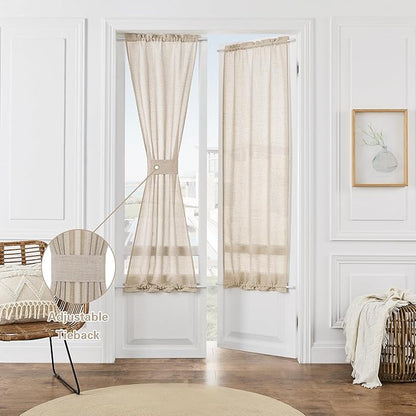 2 Pieces French Door Curtains Linen W35 x L72 Dual Rod Pocket Light Coffee Semi Sheer Curtains for French Door with Tieback for Privacy Protection Light Filtering for Kitchen Dining Room
