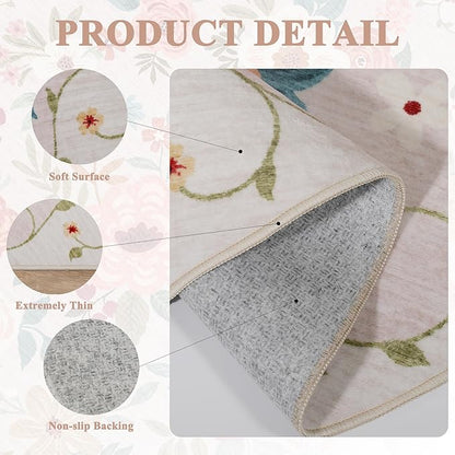 DUKINO Floral Round Rug, 4ft Washable Round Area Rug, Non Slip Indoor Low Pile Circle Rug, Soft Small Boho Design Circle Rug for Bedroom, Entryway, Living Room, Dining Room,Beige