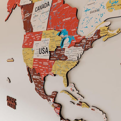 Colorfull Worlds 3D Wooden World Map Wall Art - Premium Multicolored World Travel Map for Wall Decor with Push Pins- Ideal Housewarming Gift & Travel Tracker (XXLarge, Terracota)