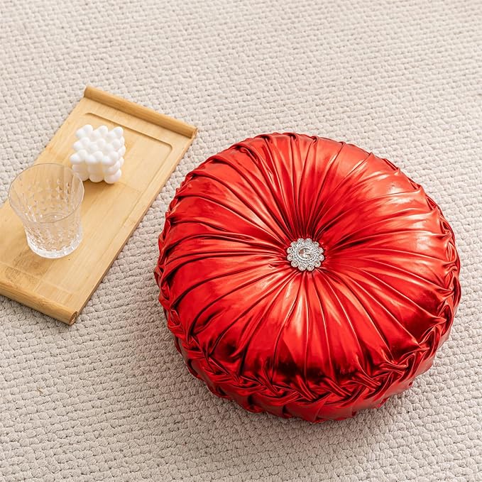 Red Round Throw Pillows, Soft Spandex Fabric Pumpkin Pleated Handmade Metallic Decorative Throw Pillows Floor Pillows Cushion for Sofa Couch Bed Living Room Chair Decoration