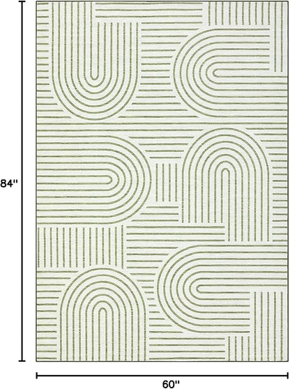 ROYHOME Washable Rug 5x7 Area Rugs for Living Room, Abstract Rug for Bedroom, Soft Rainbow Non Slip Throw Rugs with Rubber Back, Low Pile Stain Resistant Boho Geometric Carpet for Dining Room, Green