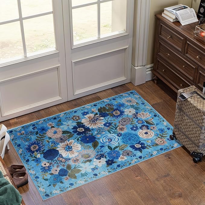 Floral Washable Rug for Entryway, 2x3 Kitchen Mat Ultra-Thin Soft, Non-Slip Indoor Door Carpet Stain Resistant Boho Small Low-Pile Throw for Bathroom Bedroom (Blue Garden, 2 x 3)