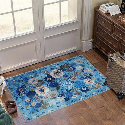 Floral Washable Rug for Entryway, 2x3 Kitchen Mat Ultra-Thin Soft, Non-Slip Indoor Door Carpet Stain Resistant Boho Small Low-Pile Throw for Bathroom Bedroom (Blue Garden, 2 x 3)