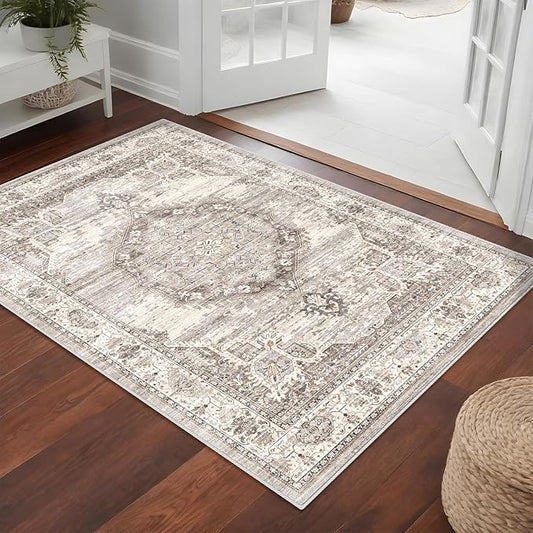 Washable Area Rugs 3x4 Entryway: Soft Ultra Thin Low Pile Mat Machine Washable Indoor Doormat Lightweight Entry Rug Anti Slip Backing Rugs for Living Room Bedroom Kitchen 3'x4' Beige