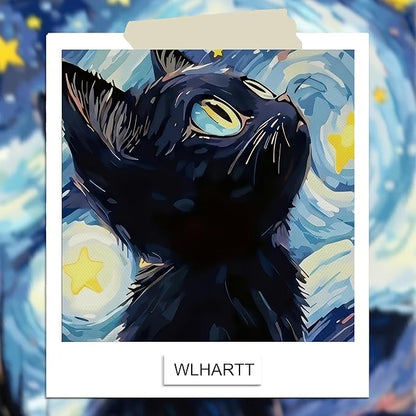 Framed Black Cat Wall Art, Van Gogh Starry Night Canvas Wall Decor, Cute Cat Animal Poster Print Picture, Impressionist Artwork Oil Painting for Bedroom Living Room Nursery 12x16 Inch