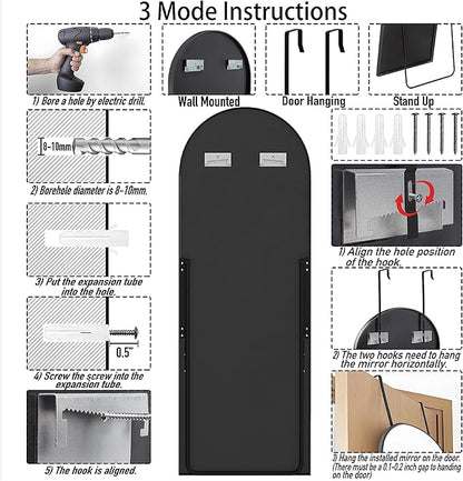 SCWF-GZ 57x20 Door Hanging Full Length Mirror, Floor (Height 5.7ft just Body in1.3ft) or Wall Mounted Metal Frame Arch Dressing Mirrors for Bedroom Bathroom Living Room 57 20 inch Black