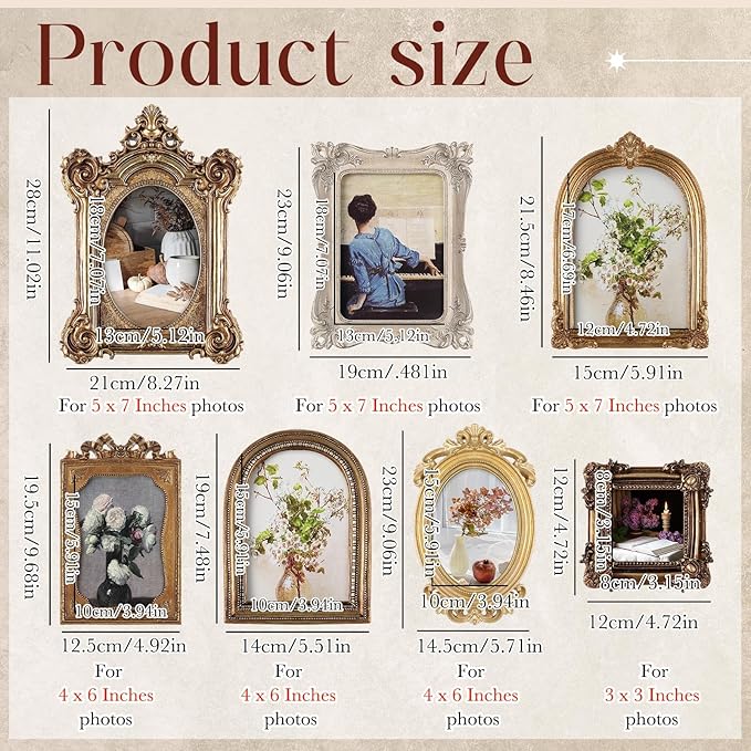 Wonderjune 7 Pcs Vintage Picture Frames Set with Glass Front Antique Gold Gallery Wall Frames 7x9 6x8 5x7 4x6 2x3, Baroque for Home Decor Photography Props Gifts, Wall or Tabletop (Victorian)