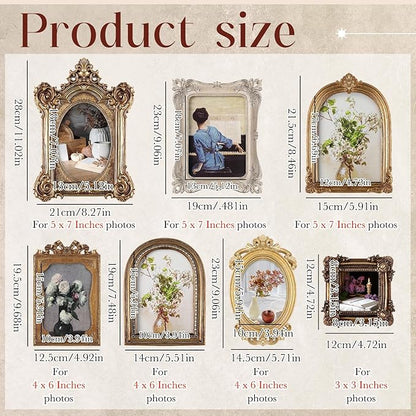 Wonderjune 7 Pcs Vintage Picture Frames Set with Glass Front Antique Gold Gallery Wall Frames 7x9 6x8 5x7 4x6 2x3, Baroque for Home Decor Photography Props Gifts, Wall or Tabletop (Victorian)