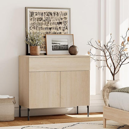 WAMPAT Fluted TV Stand TVs up to 35", 31.5" W Modern TV Entertainment Center with Storage Cabinets and 1 Drawers & 2 Doors, Wood Media TV Console Table with Storage for Living Room, Beige