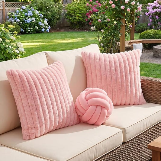 Tegeme Set of 3 Knot Pillow Ball and 18" Throw Pillowcases Fuzzy Striped, Soft Knotted Home Decor Pillow, 2 Faux Fur Cushion Covers Aesthetic Cushion and Cases for Sofa Bed Bedroom Living Room (Pink)