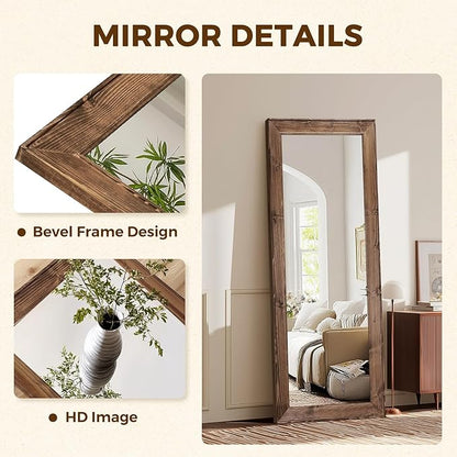 Full Length Mirror 58"x22" - Beveled Edge Rustic Brown Dressing Mirror, Solid Wood Frame, Wall Mounted or Leaning for Bedroom, Entryway, Living Room