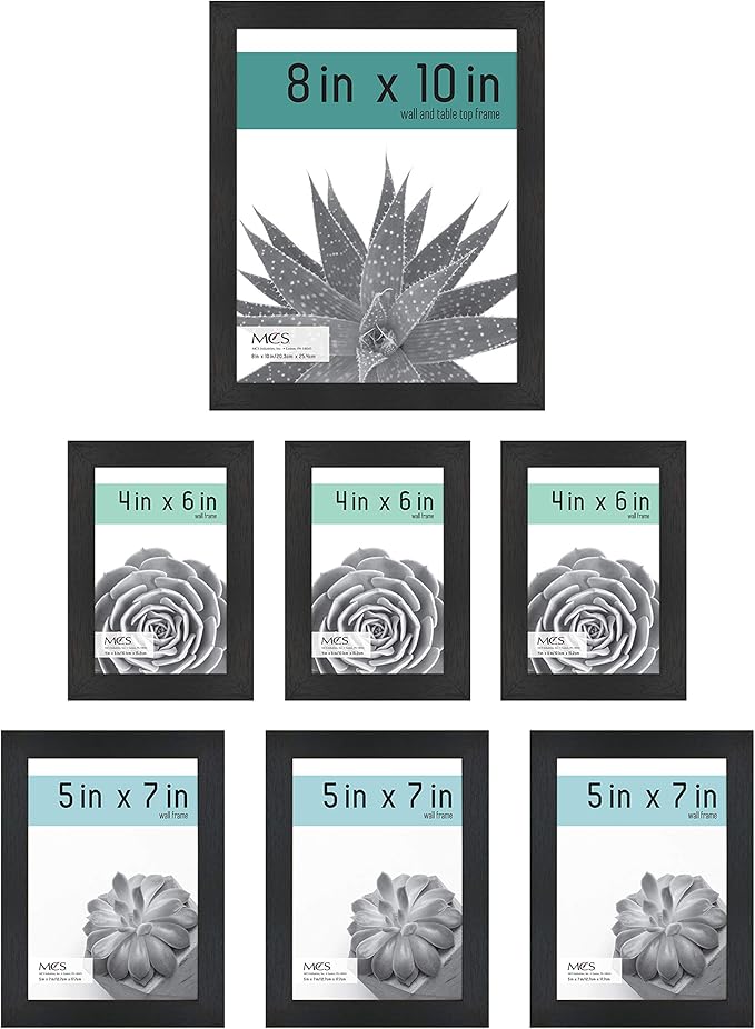 MCS Gallery Essential Picture Frame Set 4x6, 5x7 & 8x10 Black Woodgrain, Gallery Wall Vertical & Horizontal Hanging Frames for Photos & Art Prints (7-Pack)