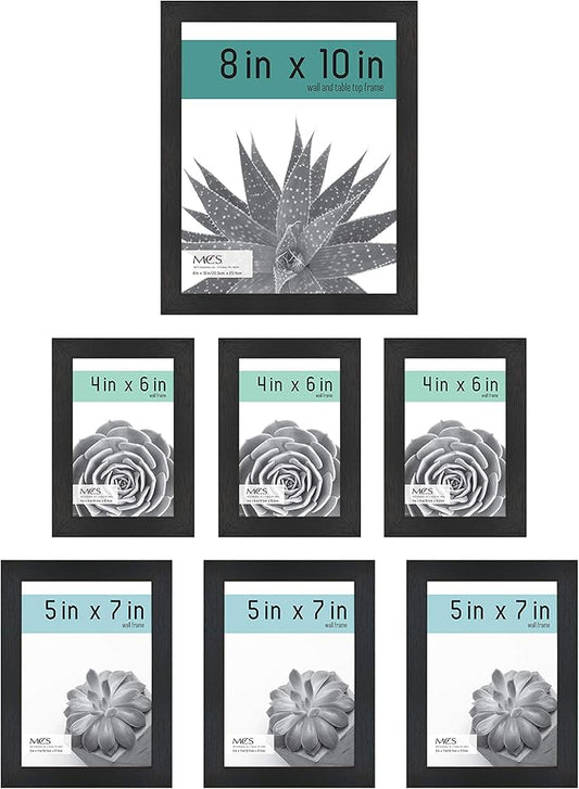 MCS Gallery Essential Picture Frame Set 4x6, 5x7 & 8x10 Black Woodgrain, Gallery Wall Vertical & Horizontal Hanging Frames for Photos & Art Prints (7-Pack)