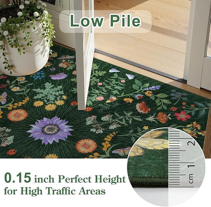 LIVEBOX Sunflower Botanical Washable 8x10 Area Rugs, Green Rug for Living Room, Non Slip Rugs for Bedroom, Boho Floral Indoor Throw Dining Room Carpet for Under Table Home Office Nursery Playroom