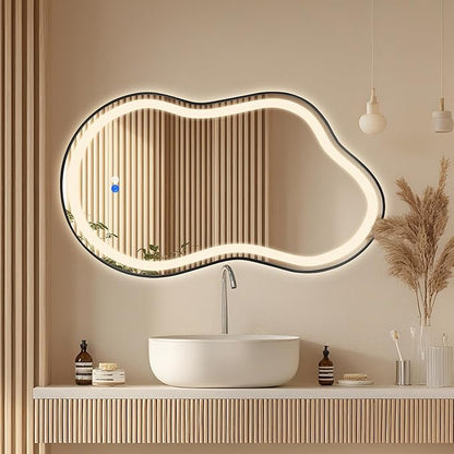 Dorlicecass Irregular Led Bathroom Mirror- Black 26"x46" Single Piece Vanity Mirror with Lights IP54 Enhanced Anti-Fog, 3 Colors Dimmable, Memory,Tempered Glass,UL Listed