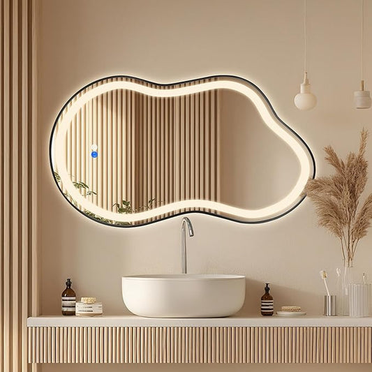 Dorlicecass Irregular Led Bathroom Mirror- Black 26"x46" Single Piece Vanity Mirror with Lights IP54 Enhanced Anti-Fog, 3 Colors Dimmable, Memory,Tempered Glass,UL Listed