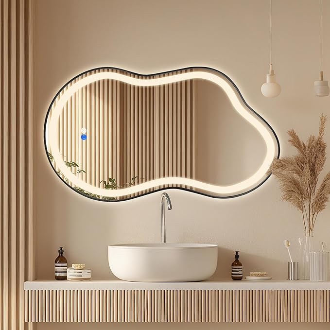 Dorlicecass Irregular Led Bathroom Mirror- Black 20"x36" Single Piece Vanity Mirror with Lights IP54 Enhanced Anti-Fog, 3 Colors Dimmable, Memory,Tempered Glass,UL Listed