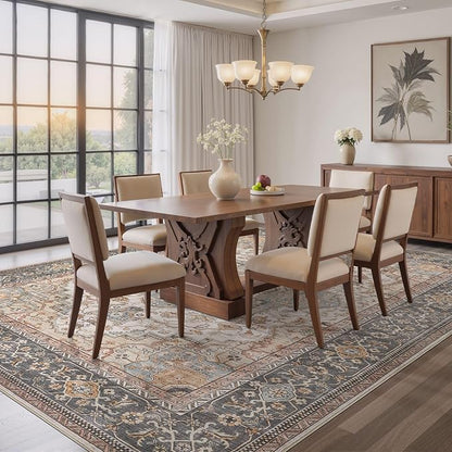 Washable Area Rugs for Living Room - 10x12 Neutral Vintage Distressed Floral Farmhouse Boho Large Soft Floor Rug Indoor Non Slip Carpet for Living Room Bedroom Dining Room Office - Forest Green Orange