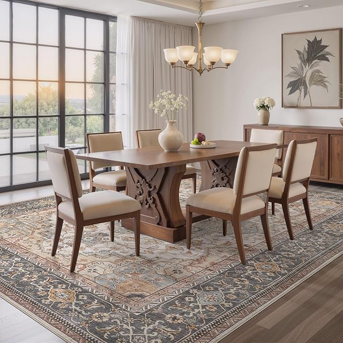 EIEIHOUSE Washable Area Rugs for Living Room - 5x7 Neutral Vintage Distressed Floral Farmhouse Boho Large Soft Floor Rug Indoor Non Slip Carpet for Bedroom Dining Room Office - Forest Green Orange