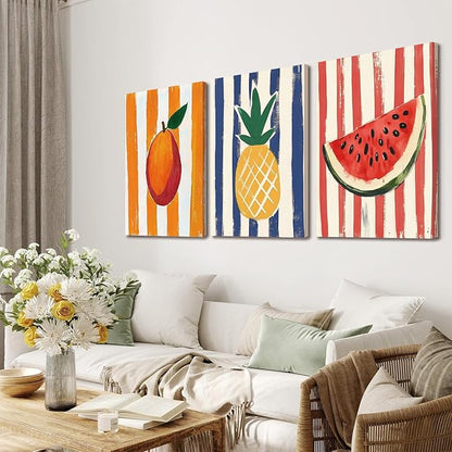 LHHJDIO 3 Piece Trendy Fruit Canvas Wall Art Vintage Kitchen Wall Art Colorful Mango Pineapple Watermelon Pictures Wall Decor Fruit Abstract Art Print for Kitchen Dining Room Living Room 16"x24"