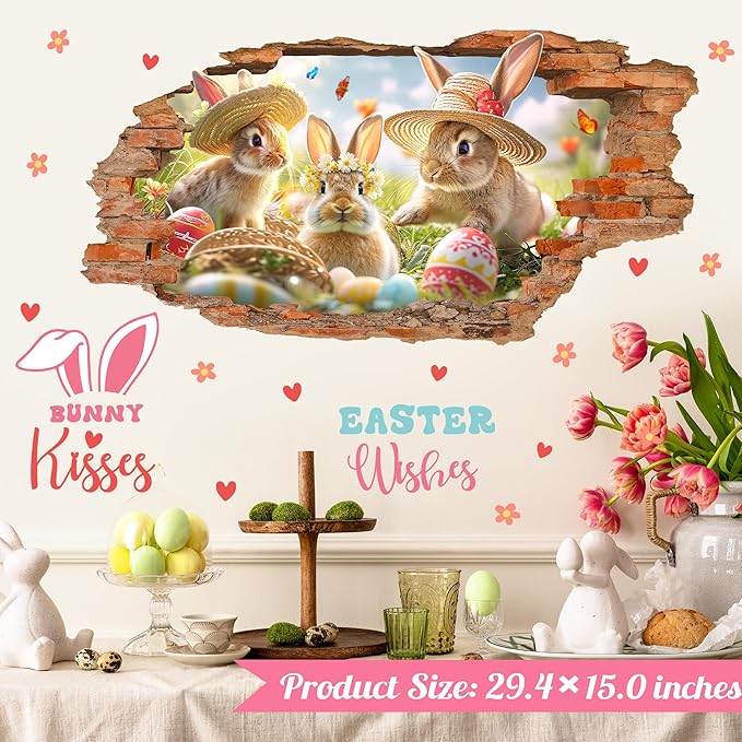Easter Wall Decals Easter Decoration Stickers Bunny Wall Decals Peel and Stick Broken Wall Spring Landscape Wall Sticker Rabbits Vinyl Decal Art Murals for Home Living Room Kitchen Holiday Supplies