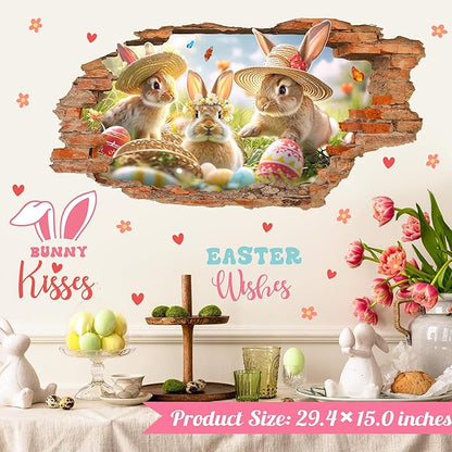 Easter Wall Decals Easter Decoration Stickers Bunny Wall Decals Peel and Stick Broken Wall Spring Landscape Wall Sticker Rabbits Vinyl Decal Art Murals for Home Living Room Kitchen Holiday Supplies