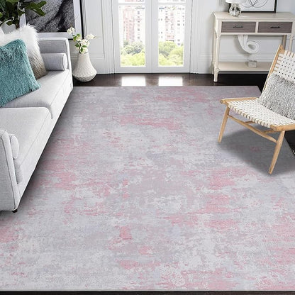 ROYHOME Modern Abstract Area Rug 10x13 Non Slip Non Shedding Rug Low Pile Stain Resistant for Bedroom Living Room,Grey Pink