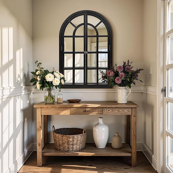 Arched Window Mirrors for Wall, Wooden Rustic Farmhouse Mirror for Wall Decor 26 x 38 Black, Decorative Wall Mirror Arch for Living Room, Bedroom, Bathroom, Fireplace, Farmhouse