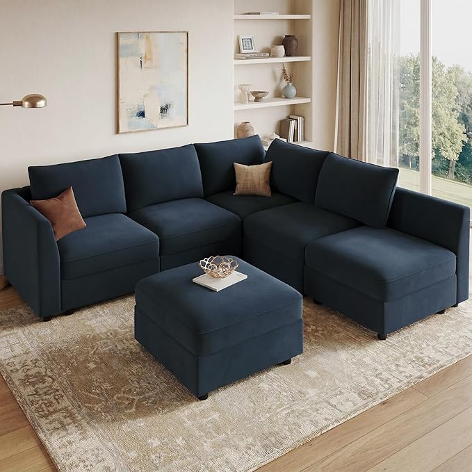 HONBAY Modular Sectional Couch L Shaped Sectional Sofa with Storage Velvet Convertible Sectional Couches for Living Room,Dark Blue