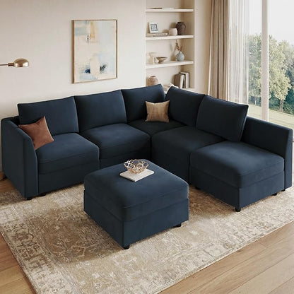 HONBAY Modular Sectional Couch L Shaped Sectional Sofa with Storage Velvet Convertible Sectional Couches for Living Room,Dark Blue