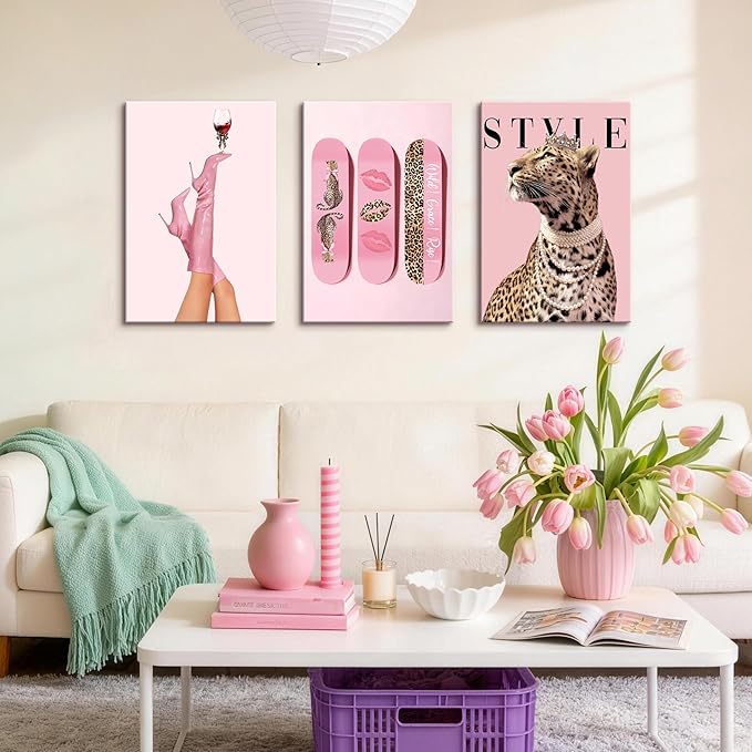 WENGTIAO 3Pcs Pink Leopard Canvas Wall Art Fashion Cheetah Paintings Prints Lucky Skateboard Pictures Boots Martini Posters Decor Coquette Preppy Aesthetic Artwork for Living Room Bedroom 16x24x3 inch