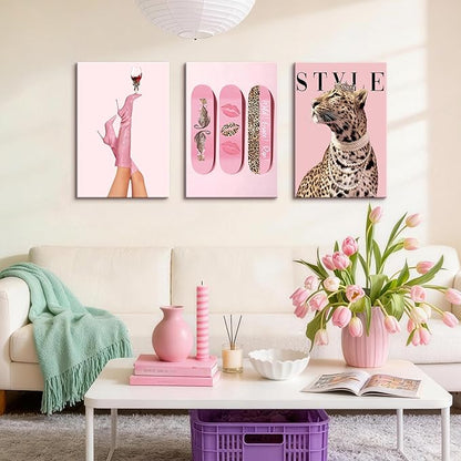 WENGTIAO 3Pcs Pink Leopard Canvas Wall Art Fashion Cheetah Paintings Prints Lucky Skateboard Pictures Boots Martini Posters Decor Coquette Preppy Aesthetic Artwork for Living Room Bedroom 16x24x3 inch