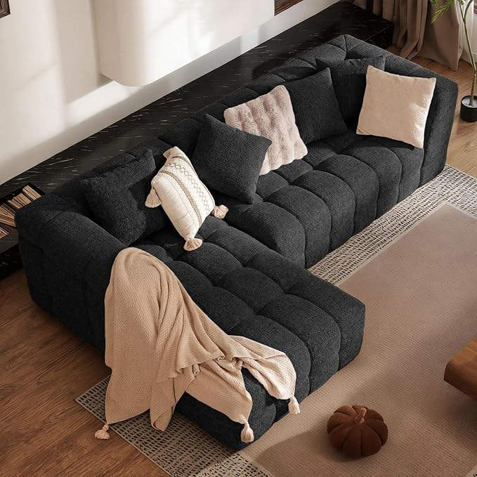 107" Modern Boneless Couch with L - Shaped Chaise, Comfy Chenille Modular Sectional Sofa with Tufted Design, Deep Seat Upholstered Sofa Bed, No - Assembly Sectional Couch, Black