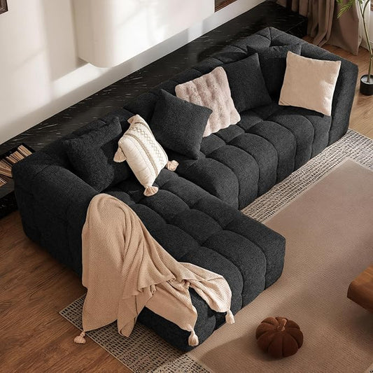 107" Modern Boneless Couch with L - Shaped Chaise, Comfy Chenille Modular Sectional Sofa with Tufted Design, Deep Seat Upholstered Sofa Bed, No - Assembly Sectional Couch, Black