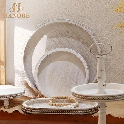 Hanobe Large Round Decorative Tray: 17" White Coffee Table Decor Wood Centerpiece Beaded Trays Farmhouse Boho Ottoman for Home Counter Living Room