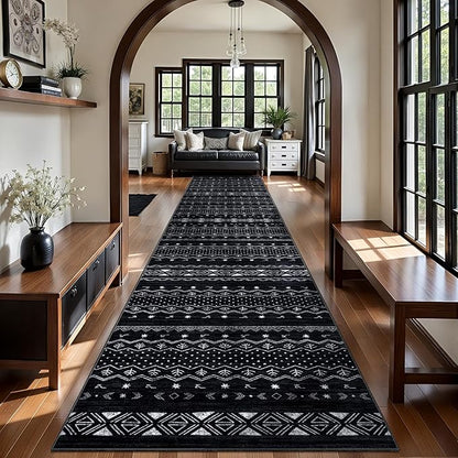SERISSA Hallway Runner Rug, 2'6"x12' Washable Non-Slip Black and White Runners for Hallways, Soft Low-Pile Boho Geometric Indoor Long Carpet for Kitchen Entryway Laundry Bedroom Bathroom