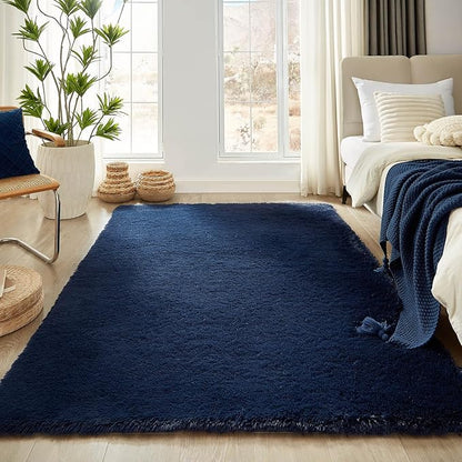 Floralux 5x7 Soft Fluffy Shag Area Rug for Living Room, Bedroom, Kid's Room, Dark Blue, Upgraded Anti-Skid Plush Carpet