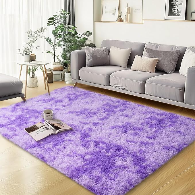 qulint Purple Rugs for Bedroom, Soft Fluffy 3x5 Nursery Rug Shag Fuzzy Small Carpet for Living Room, Plush Shaggy Alfombra for Boys and Girls Dorm Kid Room Home Decor (3ft x 5ft, Tie-Dyed Purple)