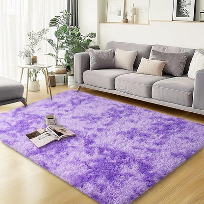 qulint Purple Rugs for Bedroom, Soft Fluffy 3x5 Nursery Rug Shag Fuzzy Small Carpet for Living Room, Plush Shaggy Alfombra for Boys and Girls Dorm Kid Room Home Decor (3ft x 5ft, Tie-Dyed Purple)
