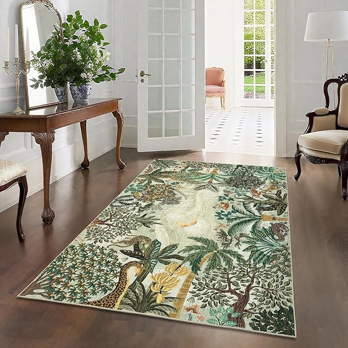 GarveeHome 3x5 Washable Area Rug for Bedroom, Jungle Animal Soft Tiger Rug Non Slip Low Pile Green Carpet Stain Resistant Throw Rug for Bedside Kids Room Office Dining Room