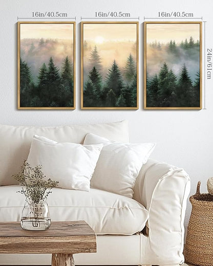 Drsoum Green Fog Pine Tree Landscape Wall Art Framed Nature Misty Nordic Forests Prints Morden Farmhouse Rustic Artwork Hallway Bedroom Ready to Hang 16x24in Natural Framed