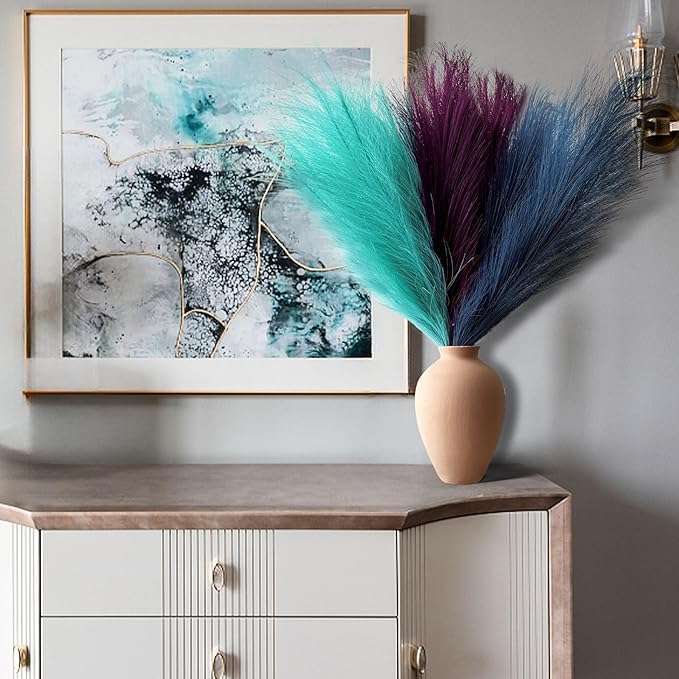 Pampas Grass Decor, Fluffy Faux Pampas Grass 6 Stem 18"/45cm Pompous Grass Small Flower Arrangement and Vase Filler for Boho Home Wedding Decoration