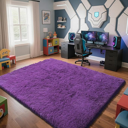 Purple Fluffy Rug Shag Area Rug, 9x12 Area Rugs for Girls Bedroom, Big Soft Shag Bedside Non-Slip Plush Dorm Nursery Kids Carpet Home Decor Aesthetic