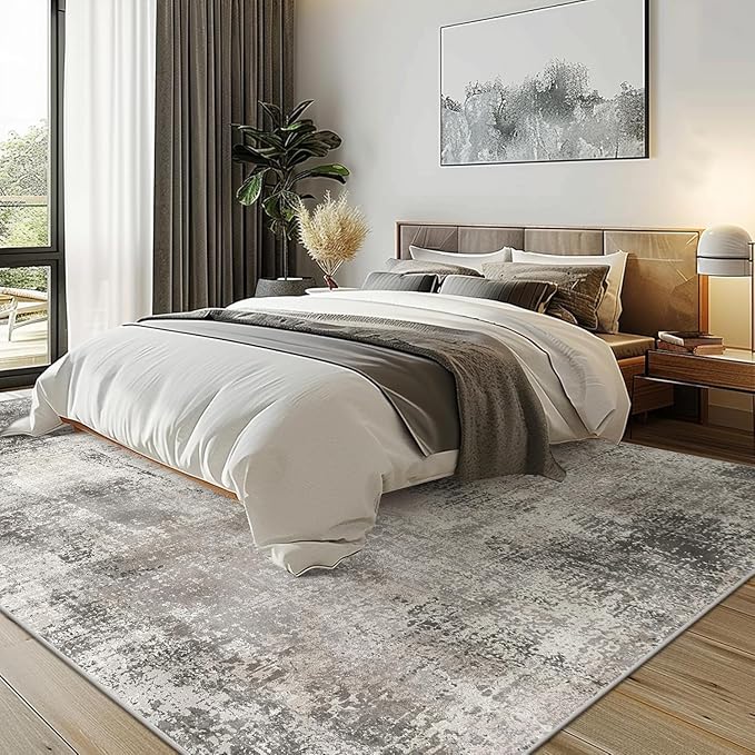 GENIMO 6x9 Area Rugs for Living Room, Machine Washable Non Slip Rugs, Low Pile Lightweight Vintage Print Rug for Bedroom, Dining Room, Home Office, Abstract Grey