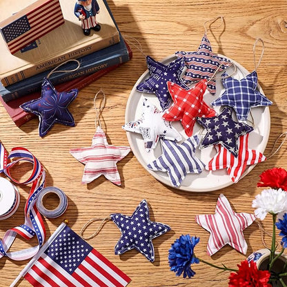 Soulchen 12 Pcs 4th of July Patriotic Ornaments Red Blue White Fabric Star Hanging Ornament Stuffed Stripe Check Star Memorial Day Tree Decoration for 250th Anniversary Independence Veterans Day Decor