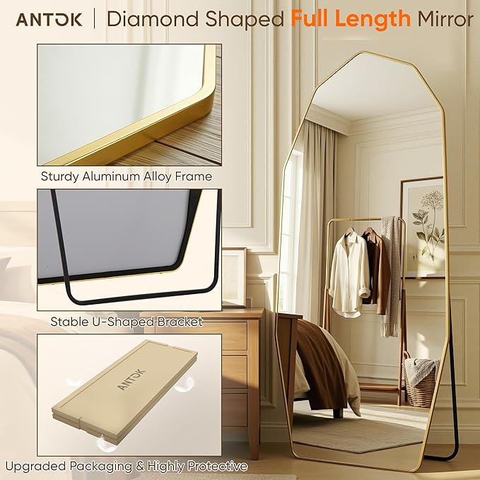 Antok Full Length Mirror, 71"x32" Floor Mirror, Free Standing Wall Mounted or Leaning Full Body Mirror with Aluminum Alloy Frame, Diamond Irregular for Bedroom Entryway Cloakroom, Gold