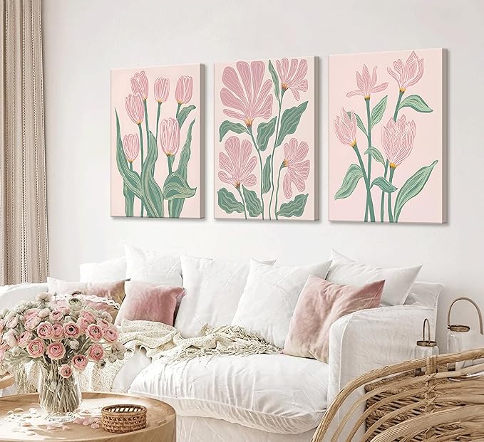 3 Pcs Pink Tulips Flowers Canvas Wall Art Boho Pink and Green Abstract Floral Botanical Paintings Pictures Wall Decor Poster Print Artwork for Living Room Bedroom Home Decoration